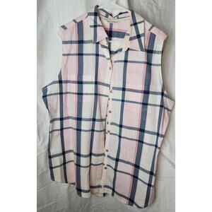 Allison Daley tank top button up, White, pink & gray plaid pockets 2X